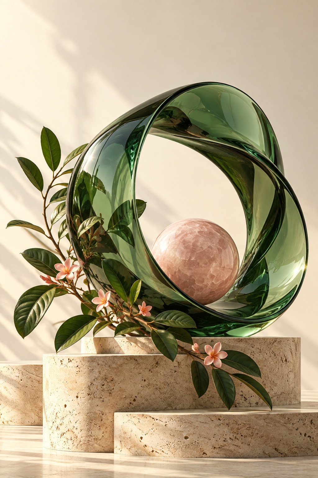Escultura de vidrio verde entrelazada con flores, una representación de crecimiento y conexión